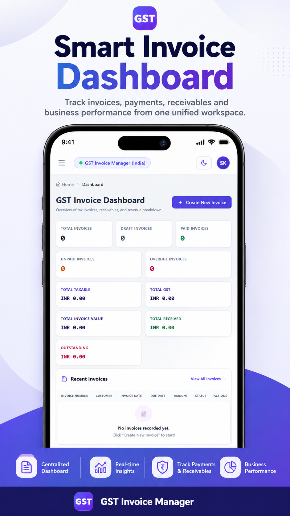 GST Invoice Manager mobile dashboard with invoice statuses, tax totals and receipts