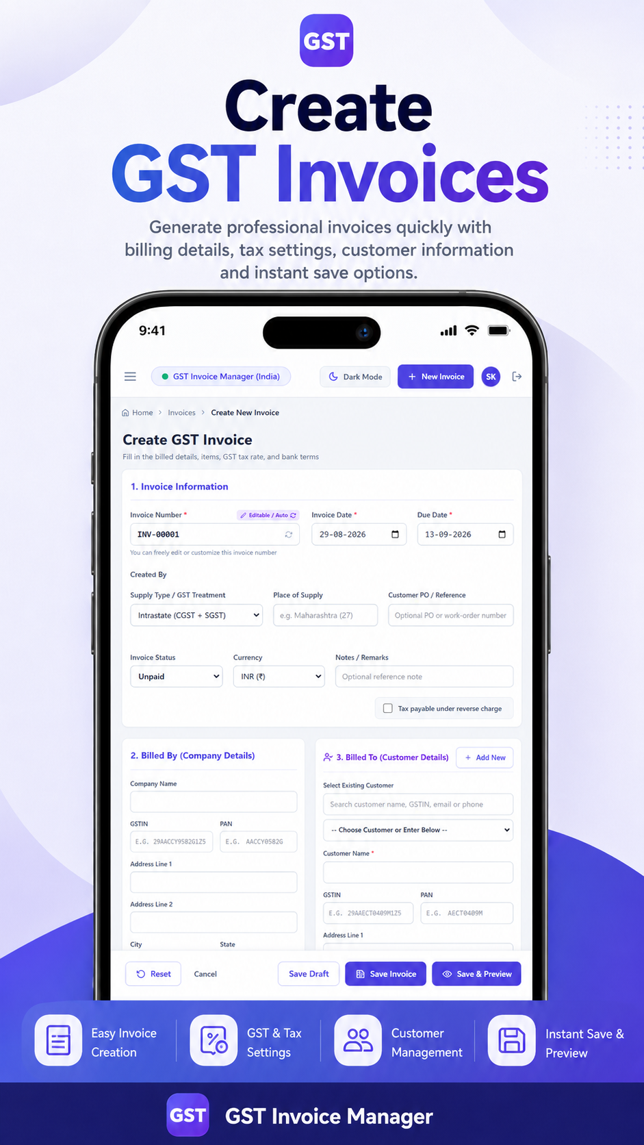 Mobile invoice creation with customer information, GST settings and save options