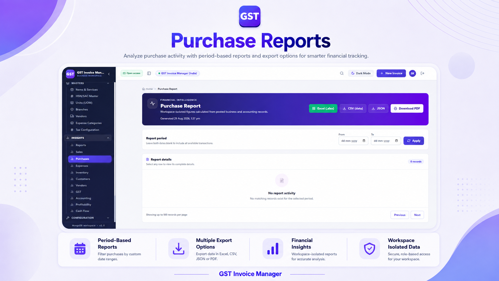 Purchase report with date filters and Excel, CSV, JSON and PDF export options